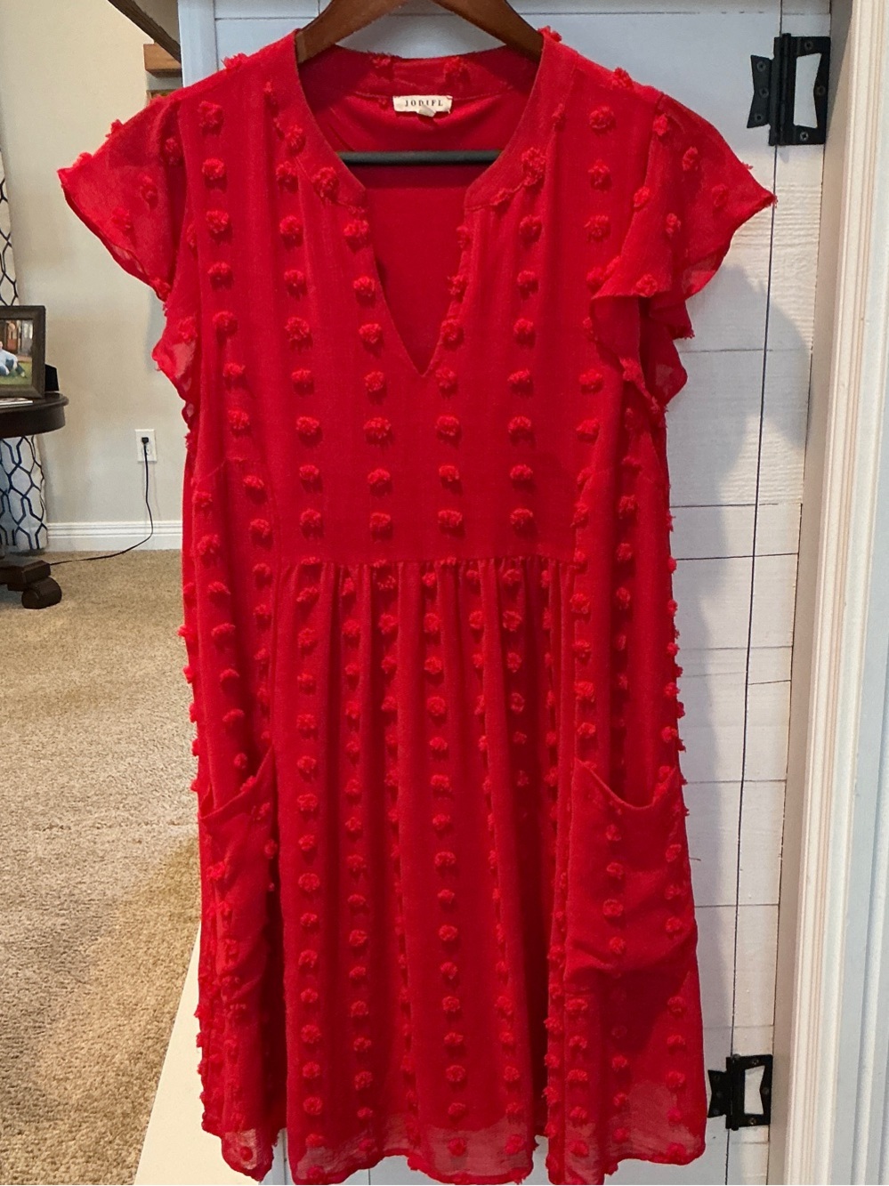 JODIFL Red Pom-Pom V-Neck Swing Dress size small